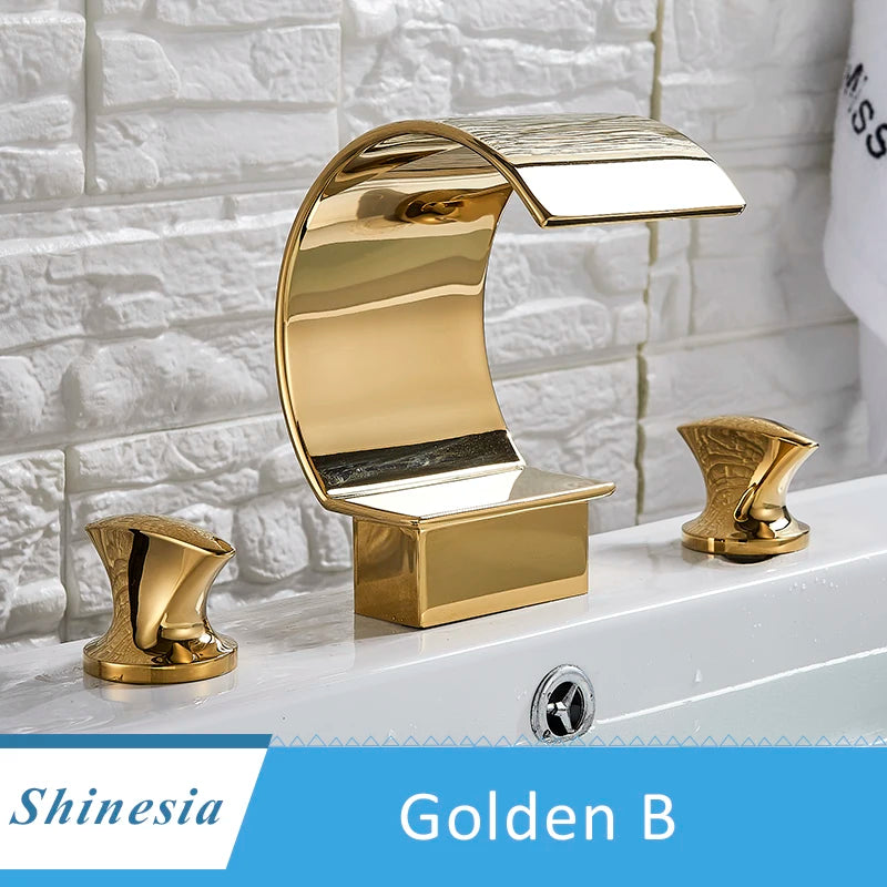 Shinesia Luxury Golden Bathroom Basin Faucet for Vessel Sink Crane Waterfall Hot and Cold Water Mixer Tap Dual Cristal Handle