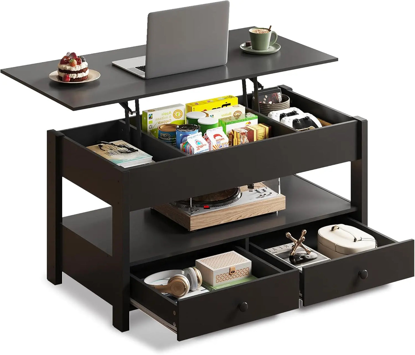 Lift Top Coffee Table With Drawers And LED Light Storage