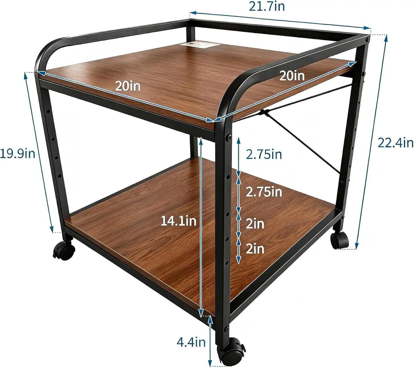 2 Tier Under Desk Printer Stand with Storage, 20" Deep Printer Table with Height Adjustable Shelf, Rolling Printer Cart with Wheels for Home Office