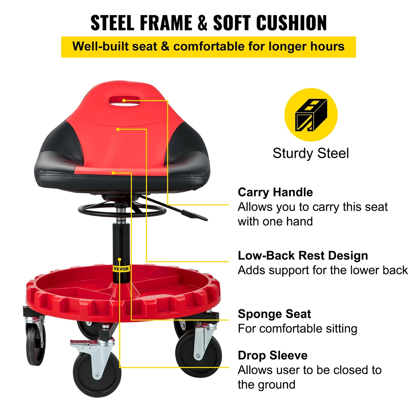 SucceBuy Rolling Garage Stool With Adjustable Height And Swivel Casters