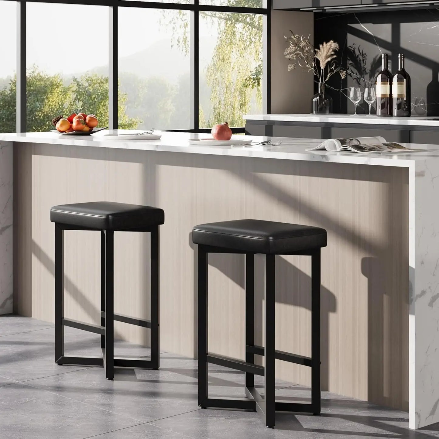 2PCS 24" Bar Stools Set Counter Height Backless Barstools with Metal X-Frame PU Leather Seats for Home Kitchen Bar Dining Room