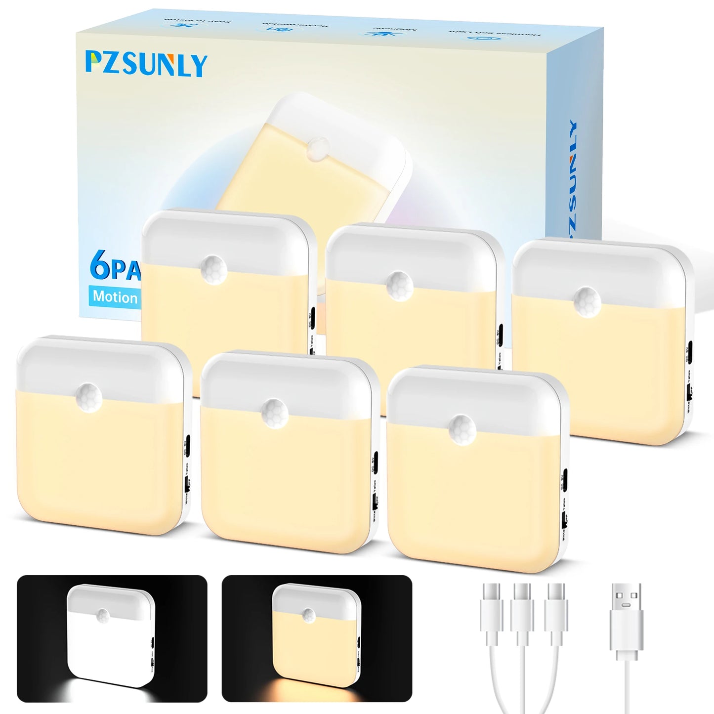 Pzsunly LED Motion Sensor Light Type C Rechargeable Night Lamp