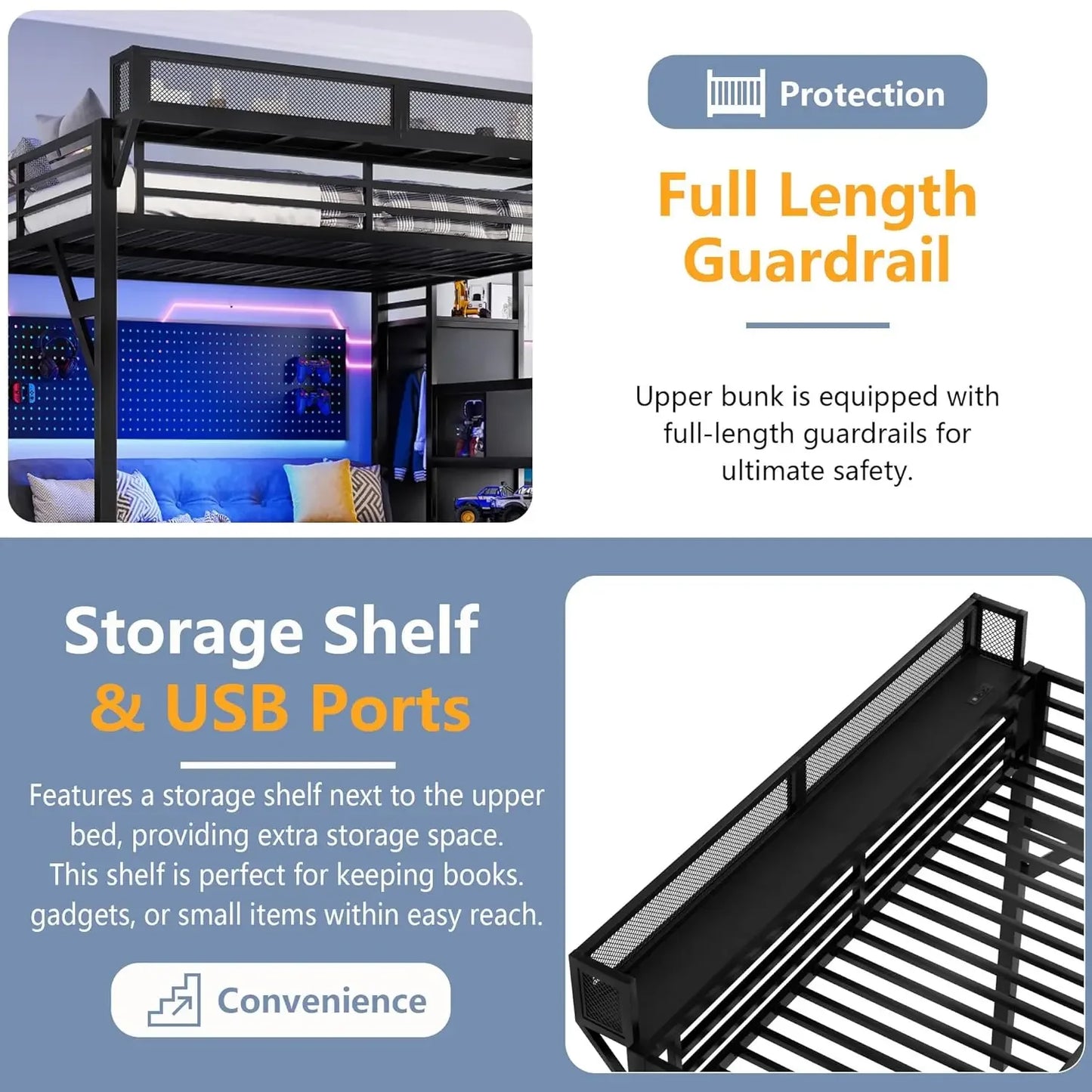 Queen Size Loft Bed with Stairs, Storage Shelves and Built-in Wardrobe, Metal Loft Bed Frame with USB Ports and LED Lights (Blac