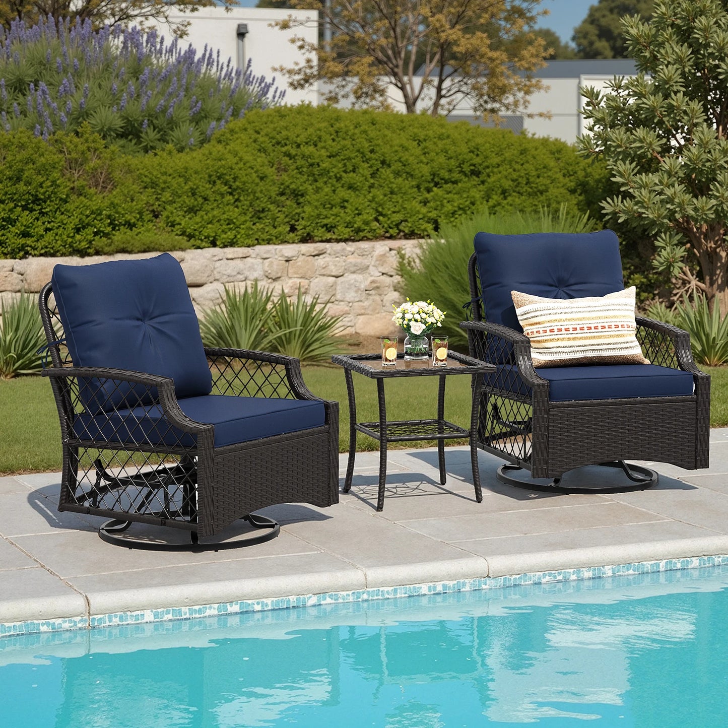 Farini 3-Piece Swivel Patio Bistro Set, Wicker Furniture, Swivel Glider Chairs with Cushions & Table,All-Weather Rattan, Porch