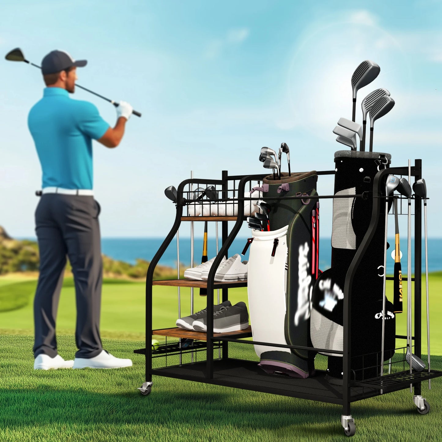 Rolling Golf Bags Storage Rack With Wheels For Sports Gear