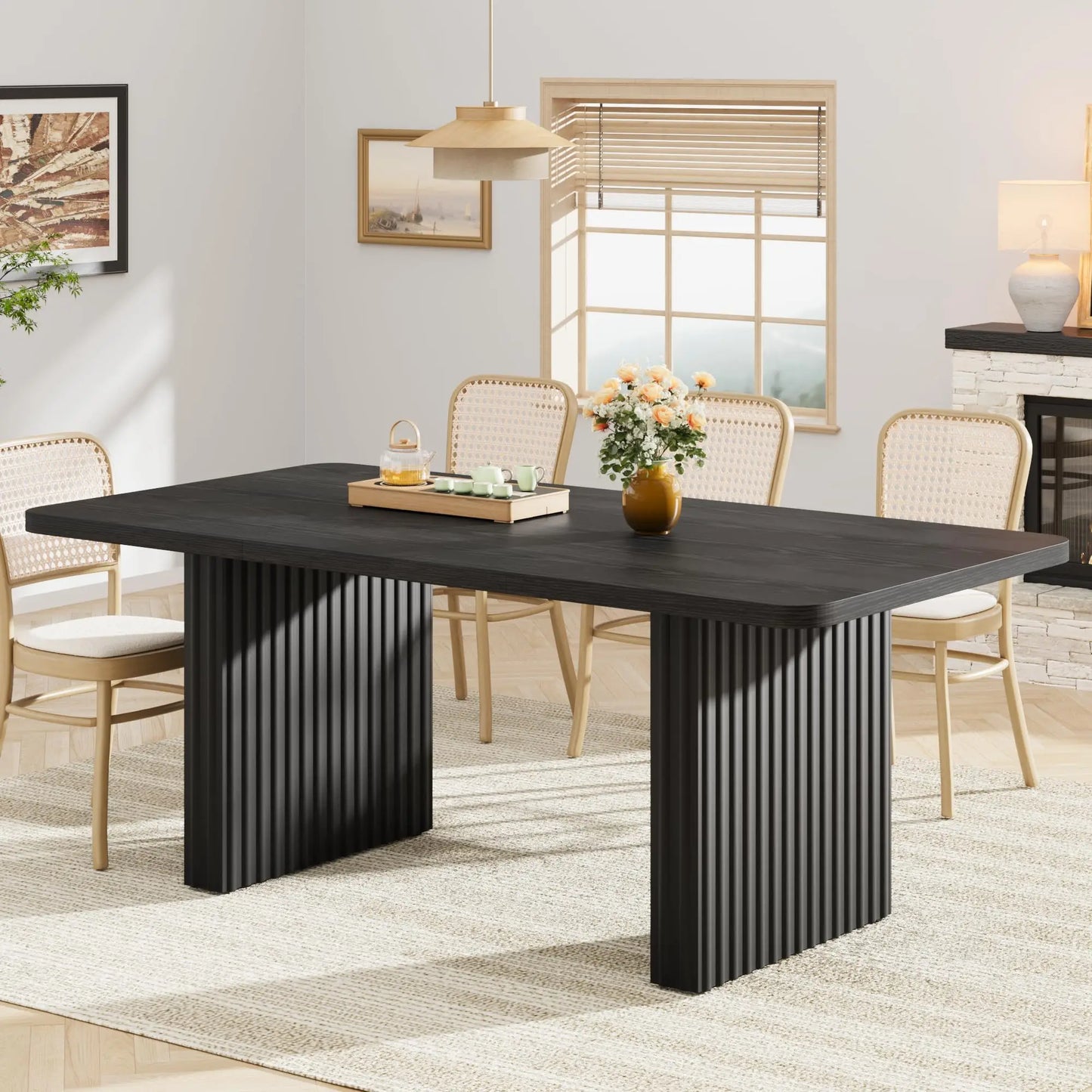 71" Industrial Dining Table for 6-8, Rectangular Dining Table with 3.6"×22.9" Black Fluted Wave Metal Legs,