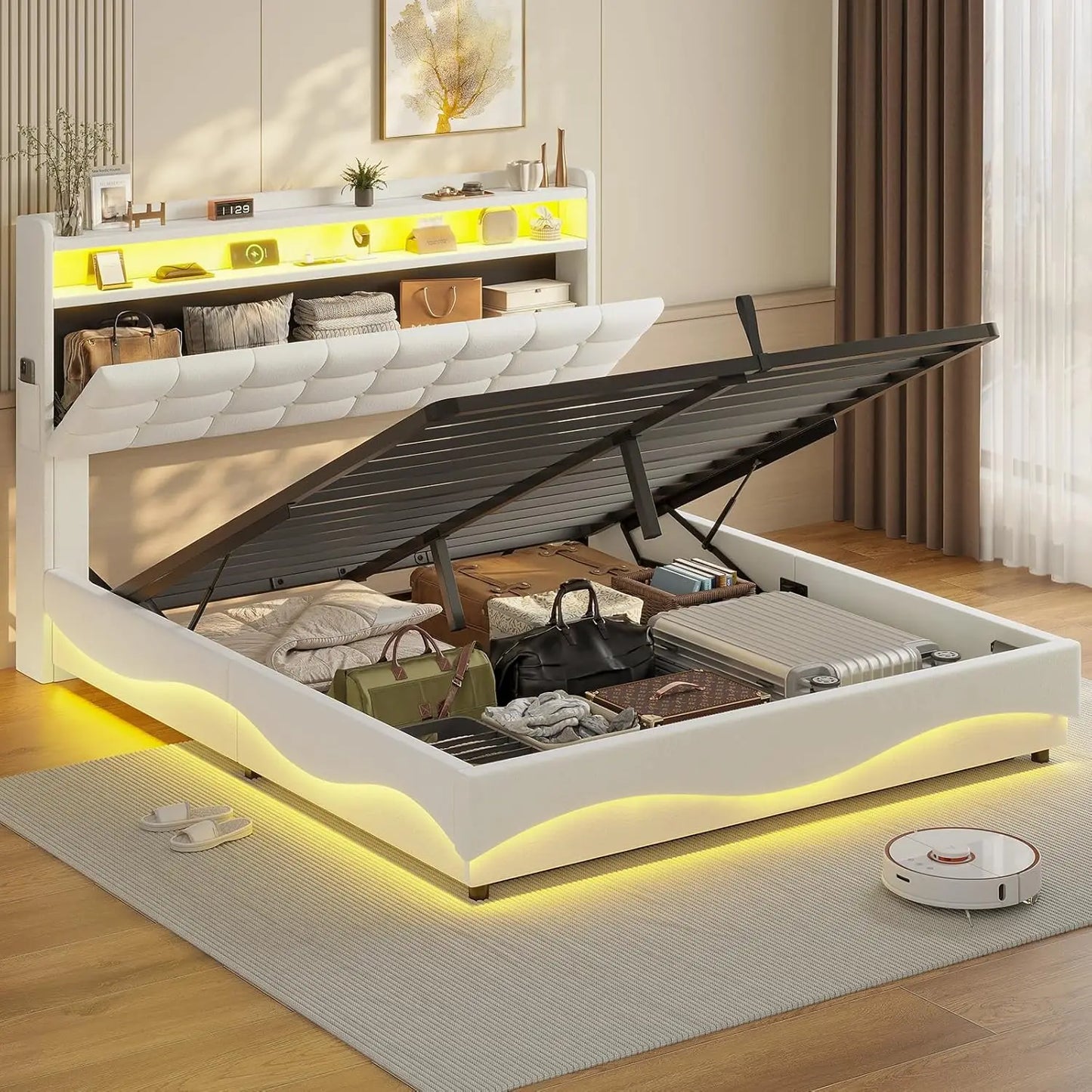 Lift Up Storage Queen Bed Frame with Type-C Charging Station& Hidden Storage Headboard,