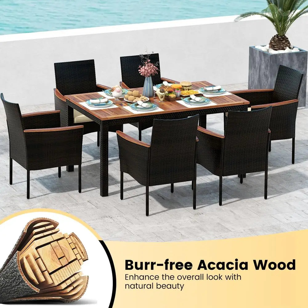 Outdoor Dining Set for 6, PE Rattan Wicker Patio Furniture Set with Wood Table amp Cushioned Armchairs, 1.96 Umbrella Hole, -HOT