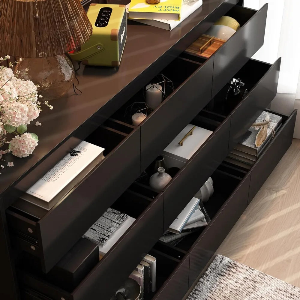 Dresser for Bedroom with 9 Deep Drawers, Large Modern Chest of Drawers Handle Free, Freestanding Black Long Dressers