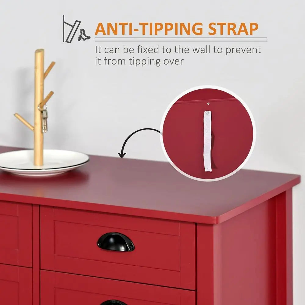 Red Wood Sideboard Bar Cabinet with 4 Doors And Shelves
