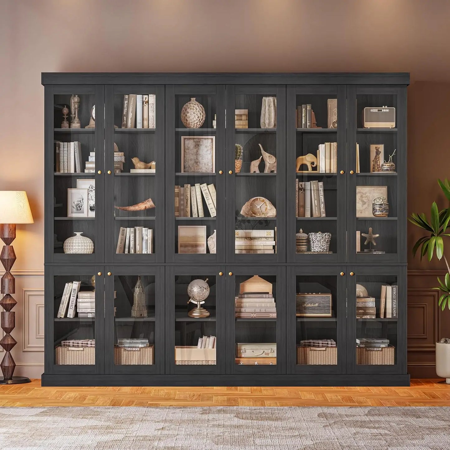 70.8" Bookshelf with Glass Doors, Farmhouse Modular Bookcase with 6-Tier Adjustable Shelves, Large Storage Cabinet, Customized
