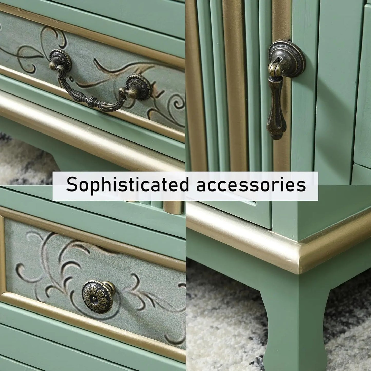 Vintage Accent Chest with 5-Drawers and Door Carved Wood Storage Cabinet for Living Room, Entryway, Hallway, Sage Green