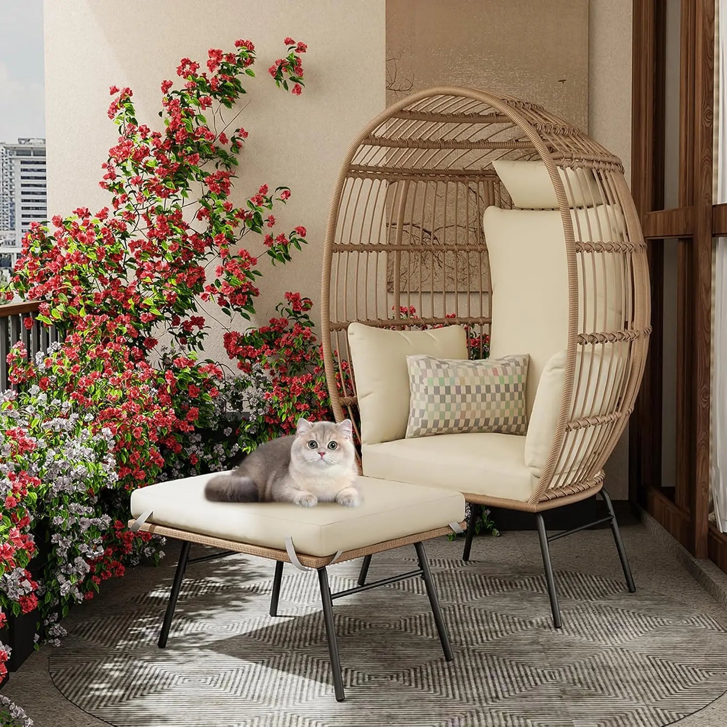 Wicker Egg Chair With Ottoman For Outdoor Patio Cushions