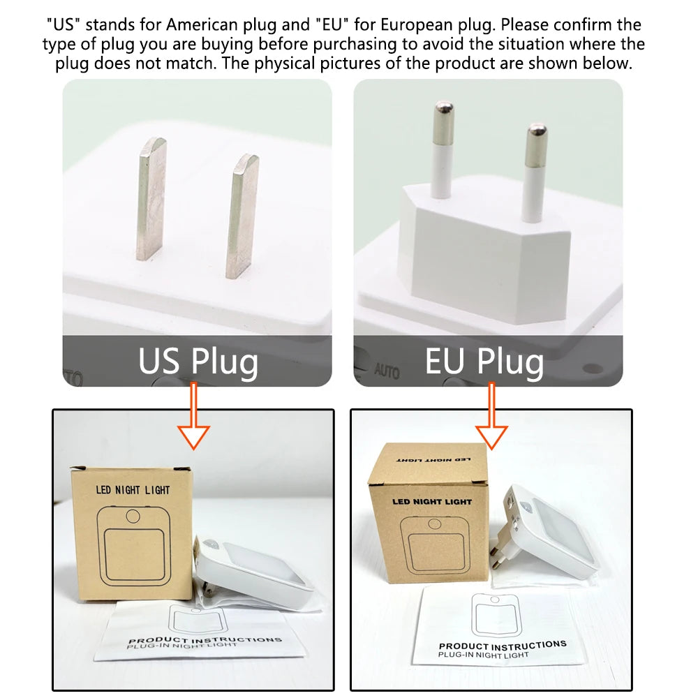 Htomaza Night Light With Motion Sensor LED Plug EU US