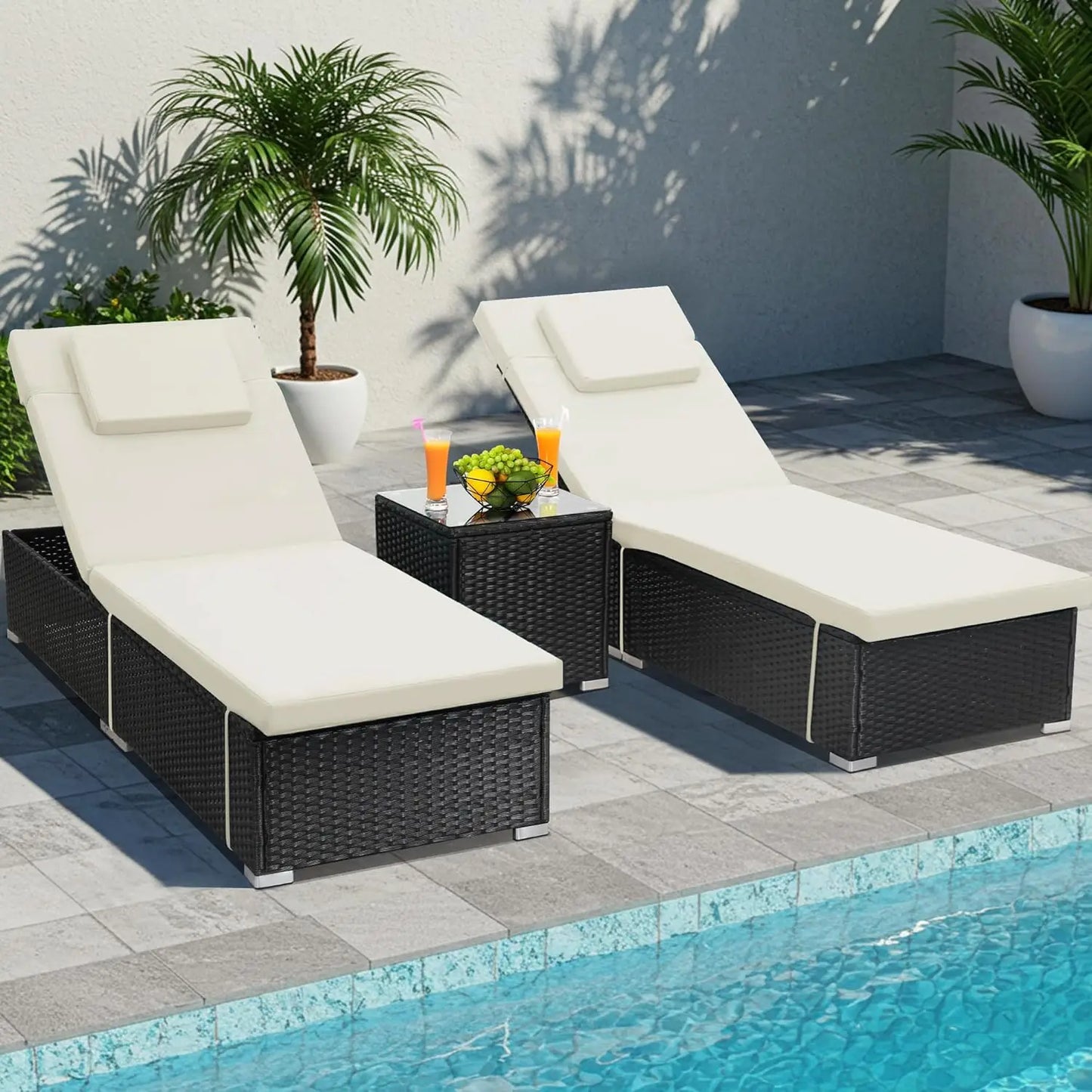 All-Weather Wicker Adjustable Chaise Lounge Set w/ Side Table Washable Cushion for Patio Pool Beach 2pcs Light Blue, Custom