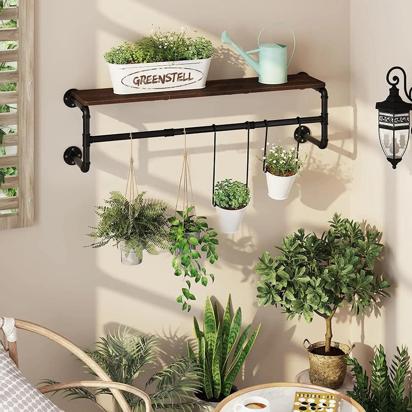 Wall Mounted Industrial Pipe Clothes Rack With Wood Shelf Storage