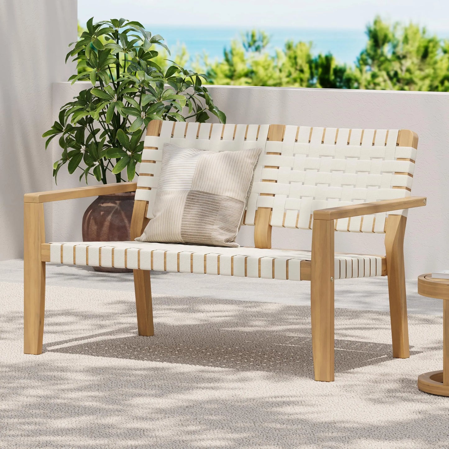 Outdoor Two-Person Bench Featuring Acacia Wood Frame And White Woven Rope Seating For Patio Garden Balcony Use