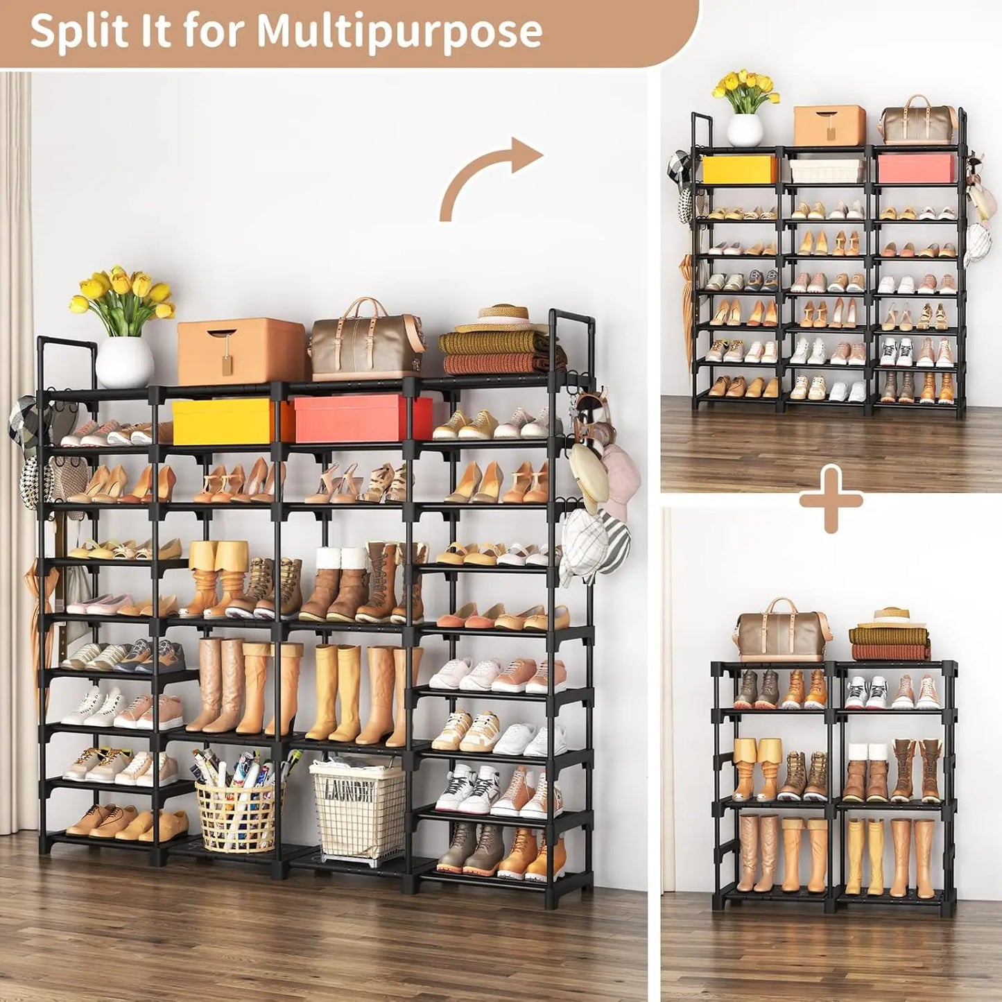 9 Tier Shoe Rack Organizer For Entryway With Removable Hooks