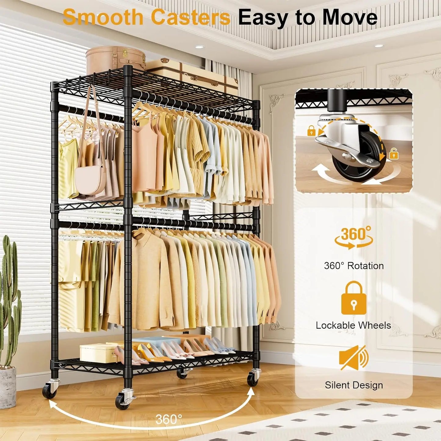 HOME P4 Plus Rolling Clothes Rack Heavy Duty, Clothing Racks for Hanging Clothes, Free Standing Garment Racks with Wheels, Po