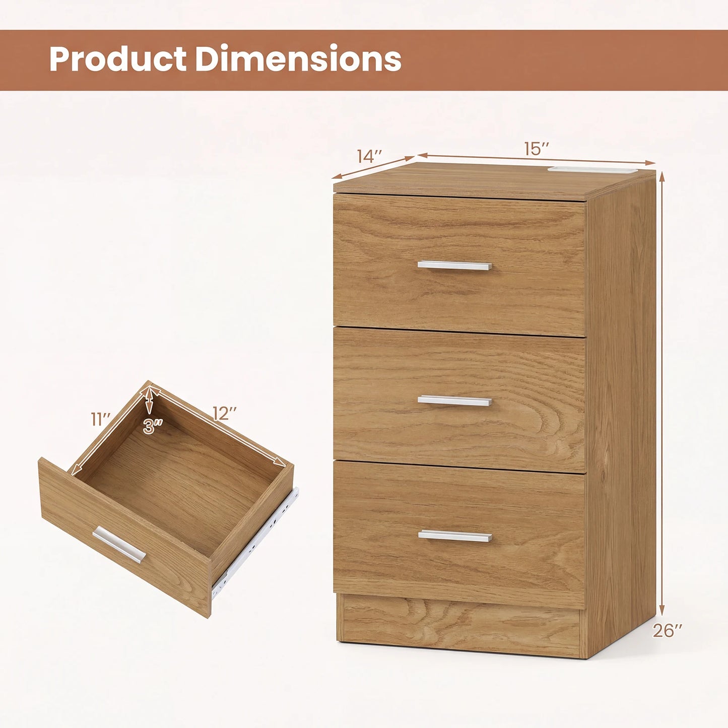 HOMASIS Nightstand With Charging Station And 3 Drawers