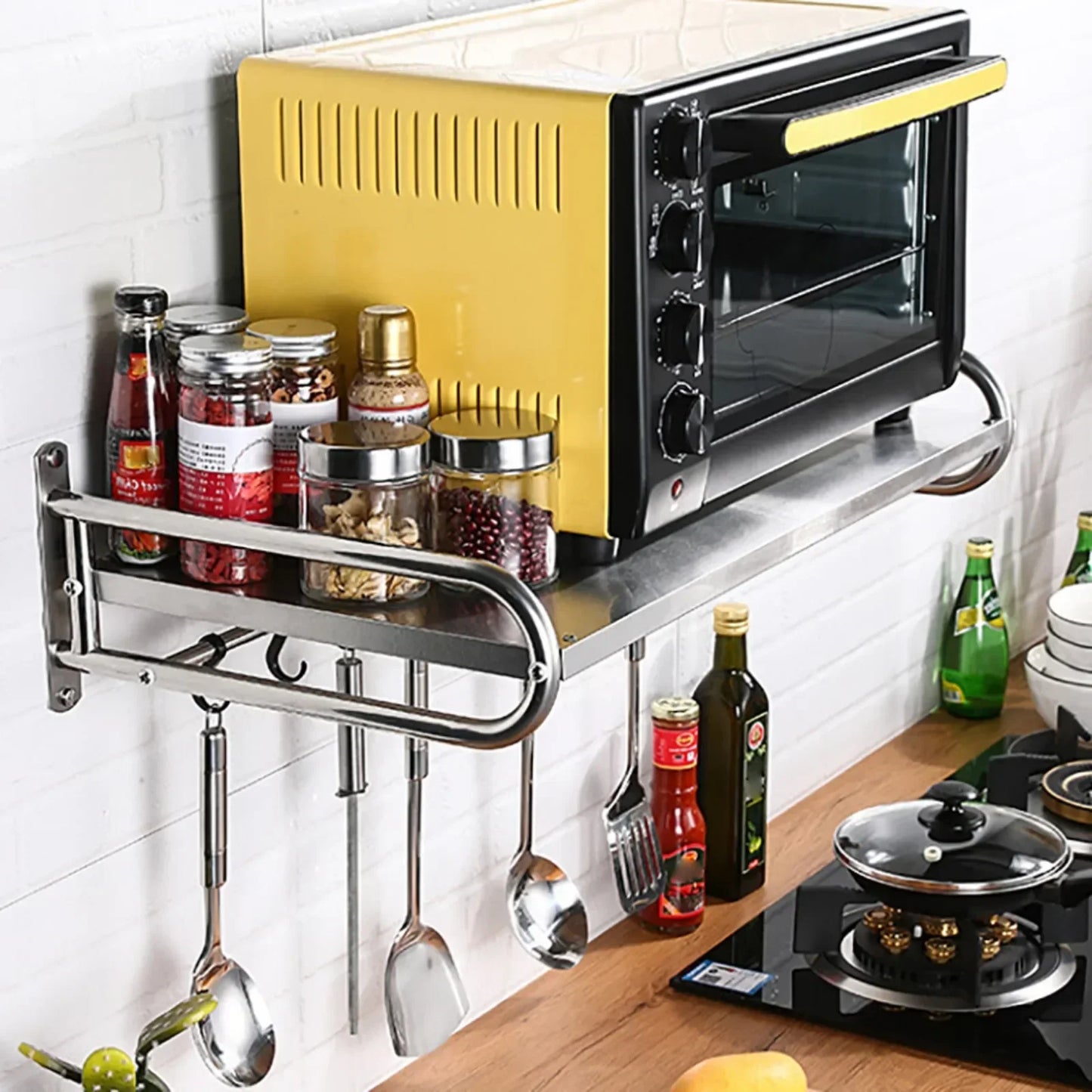 Stainless Steel Wall Mount Utensil Shelf With 6 Hooks