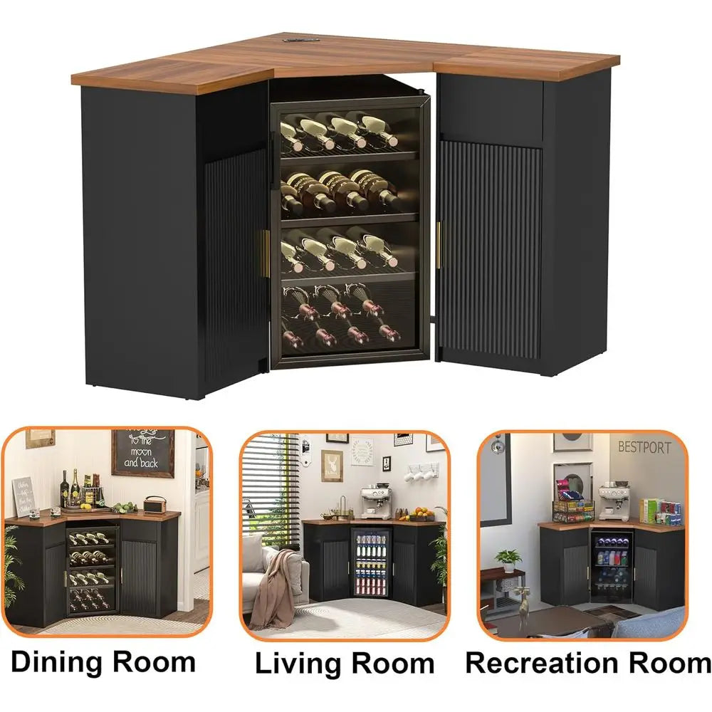Bar Cabinet with ridge Space, Coee Bar Station with Storage, L Shaped Liquor Wine Cabinet or Home