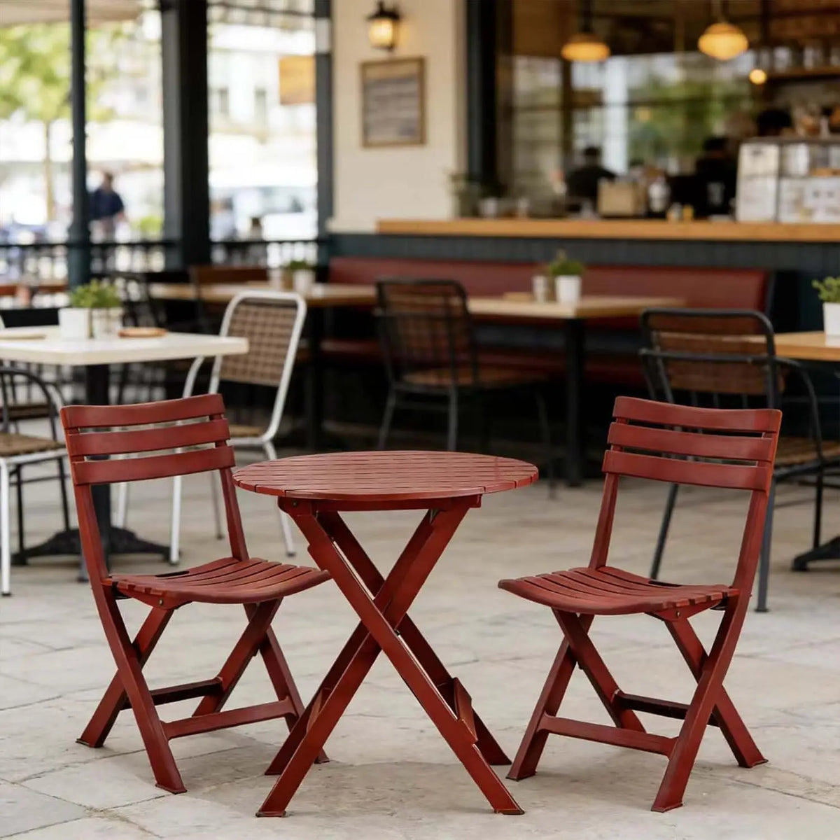 3-Piece Folding Bistro Set – Outdoor Patio Table and 2 Chairs, Wood Grain Finish, Red