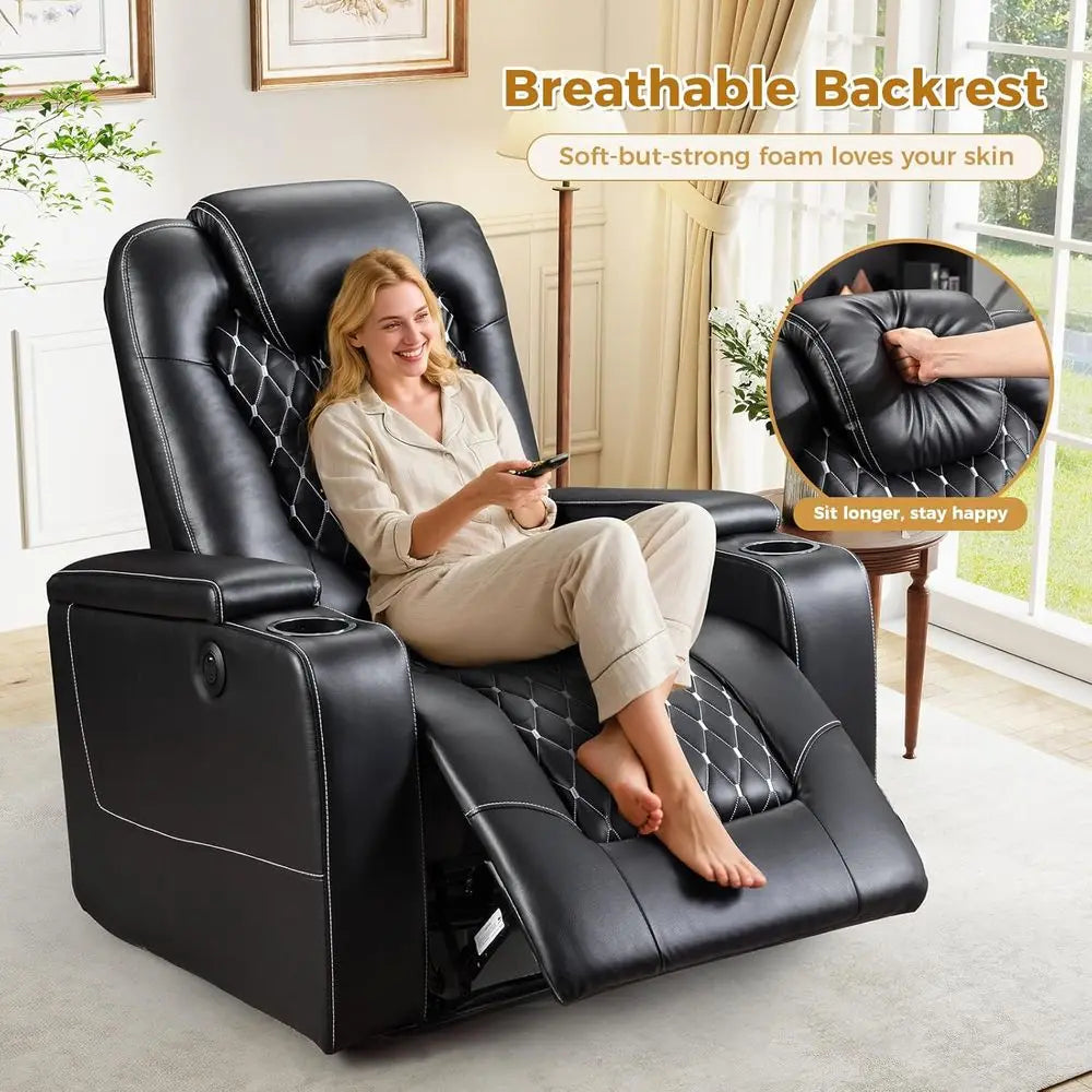 Black Leather Power Recliner with USB & Cup Holders, Home Theater Seating with Storage