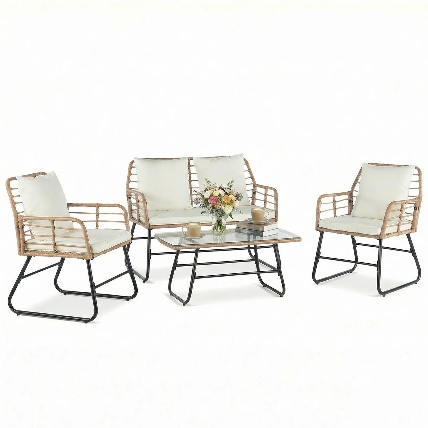 Outdoor Wicker Patio Furniture Set with Cushions and Glass Table