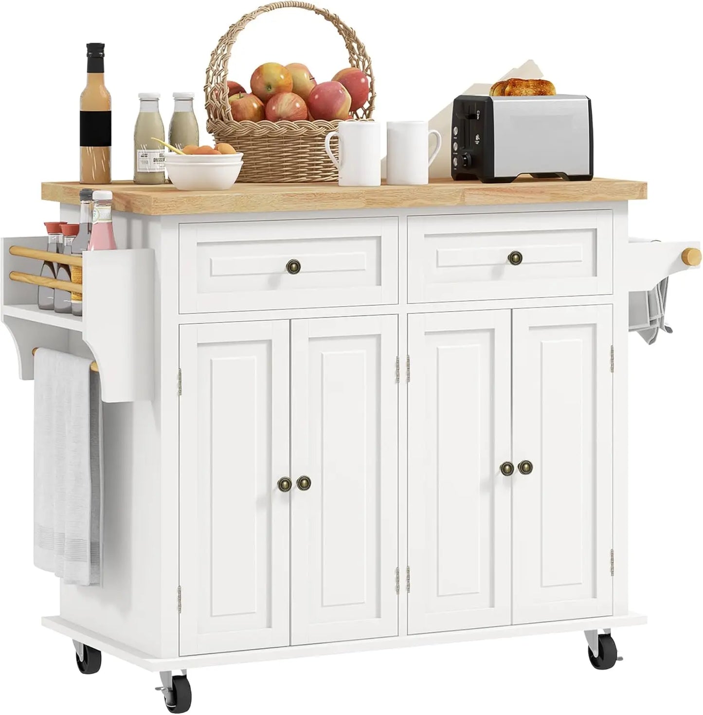 Kitchen Island Cart with Solid Wood Top, 44" Mobile Kitchen Island Table on Wheels with Storage Cabinets, 2 Drawers