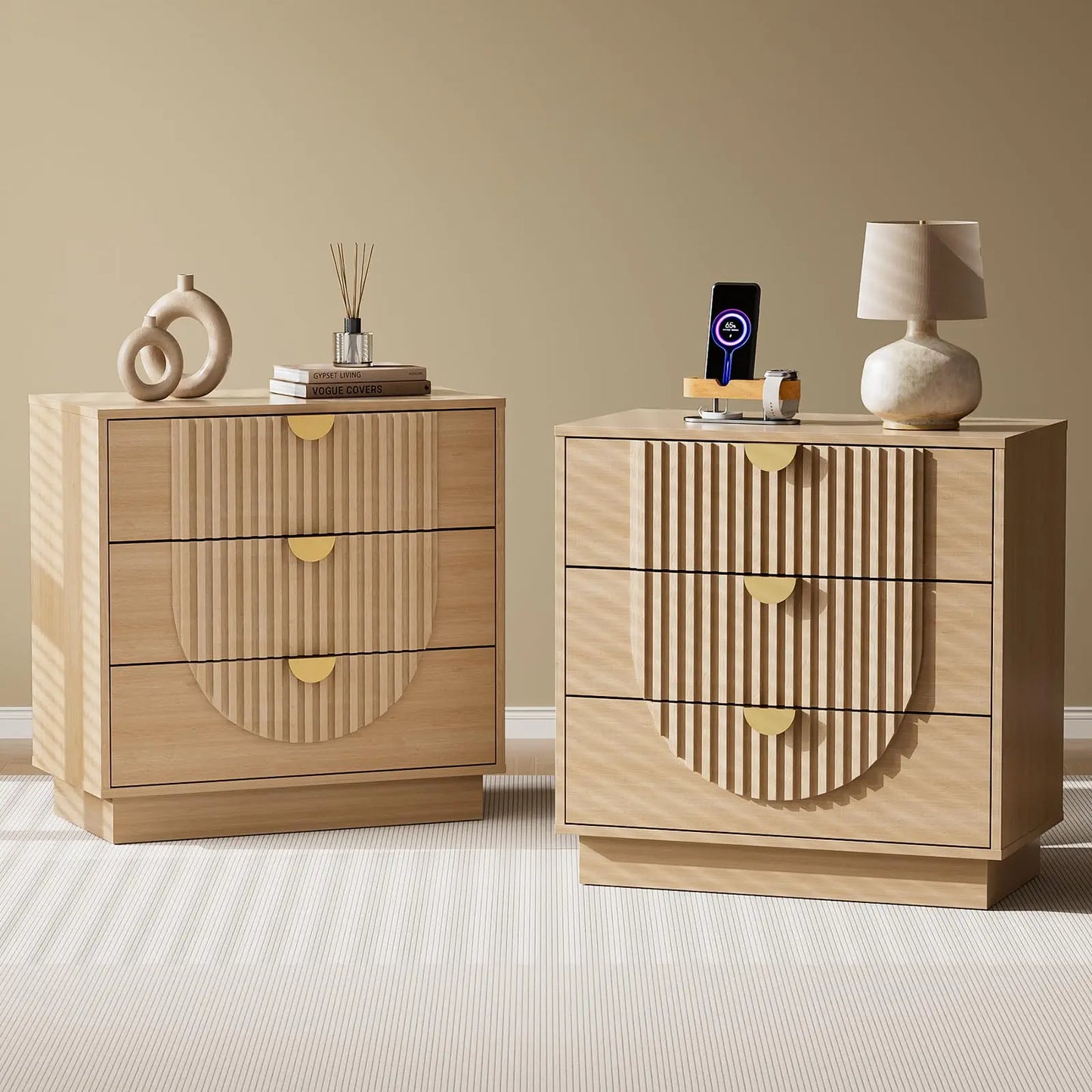 Modern Fluted Wood Nightstand Charging Station Three Drawers Bedside Table