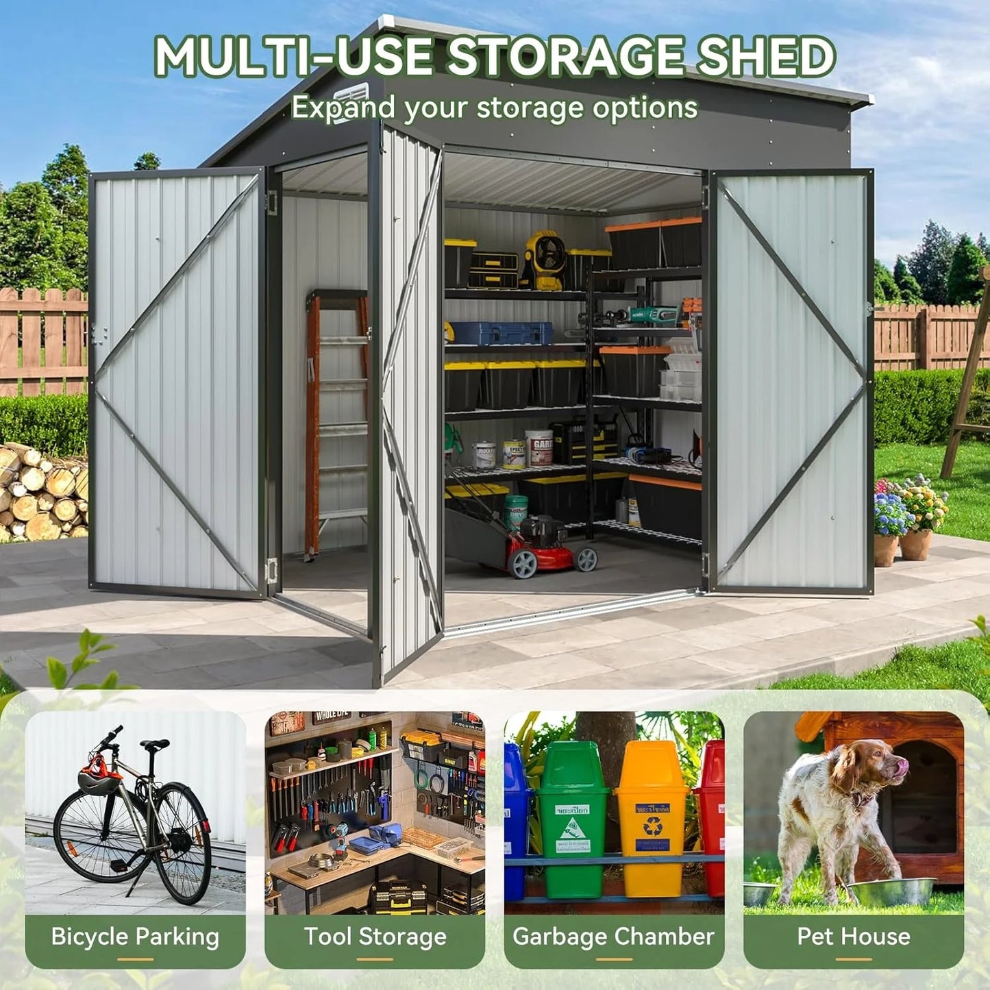 Nordivale 8x4FT Triple Door Metal Storage Shed Lockable Outdoor Cabinet Sloping Roof for Garden Backyard Tools Bicycles Black