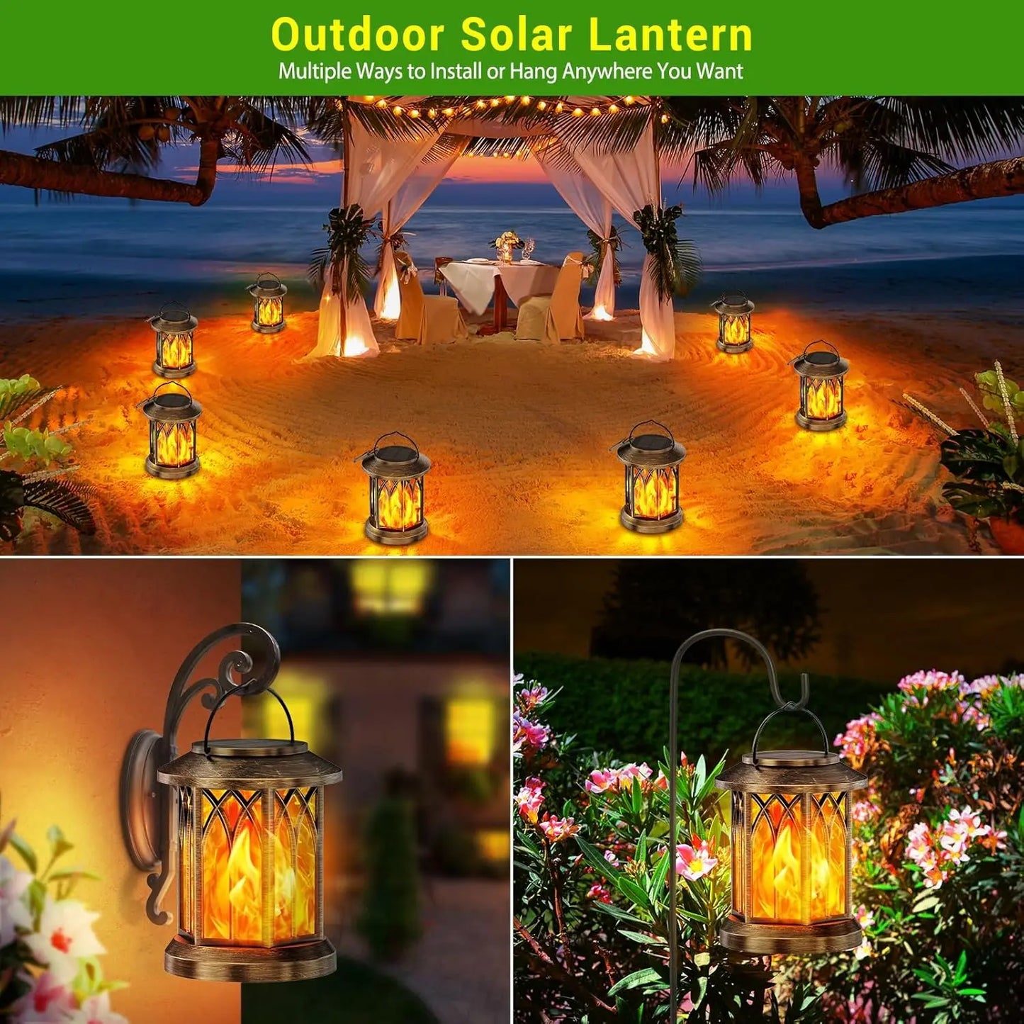 Waterproof Solar Flickering Flame Lantern For Outdoor Yard And Patio