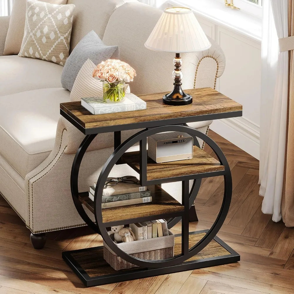 Industrial 4-Tier End Table With Storage Shelves For Living Room