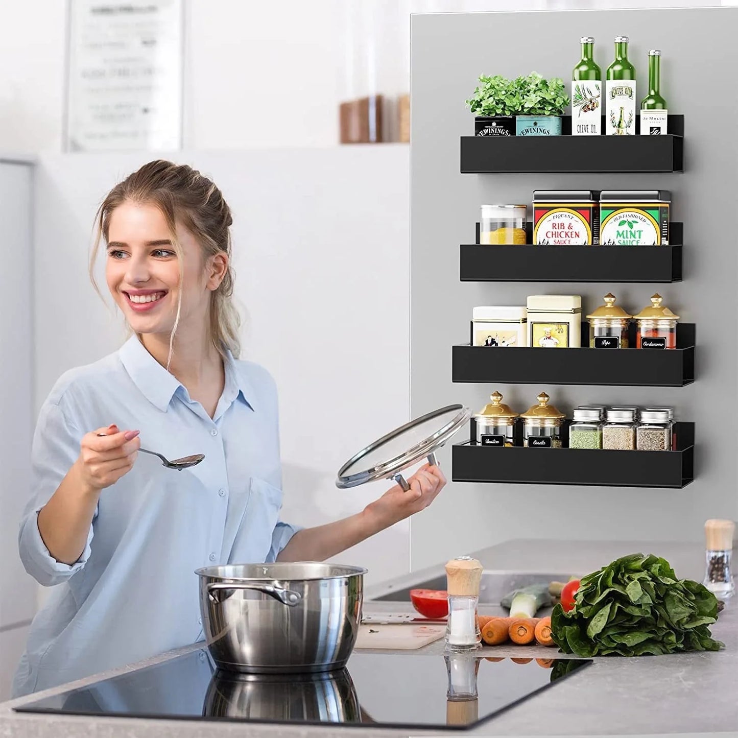 4 Pack Magnetic Spice Rack Organizer for Refrigerator and Oven, Black Fridge Organizers and Storage for Kitchen