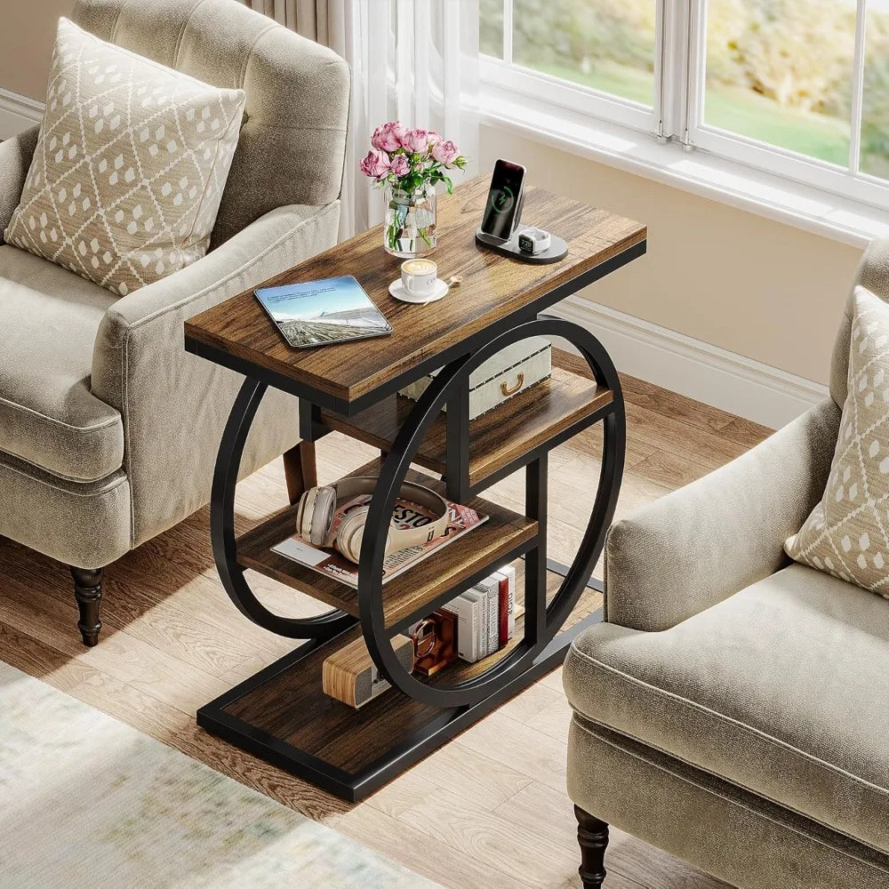 Industrial 4-Tier End Table With Storage Shelves For Living Room