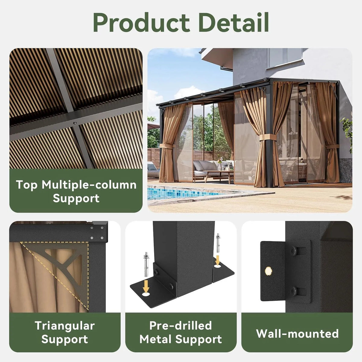 Aoxun Wall Mounted Pergola Gazebo With Curtains And Mosquito Net