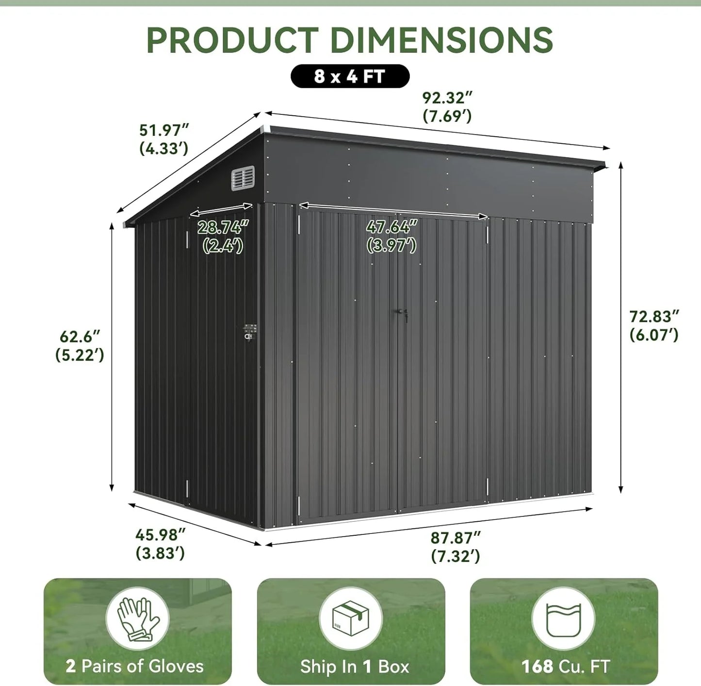 Nordivale 8x4FT Triple Door Metal Storage Shed Lockable Outdoor Cabinet Sloping Roof for Garden Backyard Tools Bicycles Black