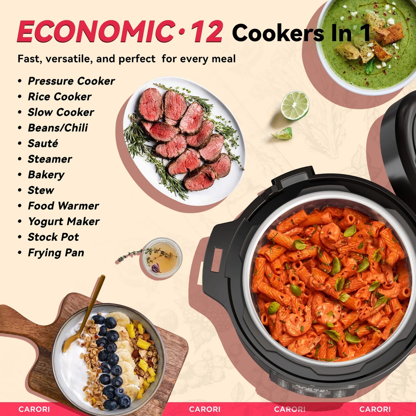 Carori 1200W 12-In-1 Electric Pressure Cooker Multi-Use