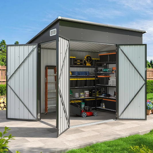 Nordivale 8x4FT Triple Door Metal Storage Shed Lockable Outdoor Cabinet Sloping Roof for Garden Backyard Tools Bicycles Black