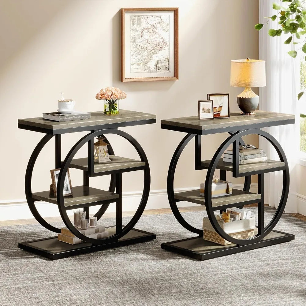 Industrial 4-Tier End Table With Storage Shelves For Living Room