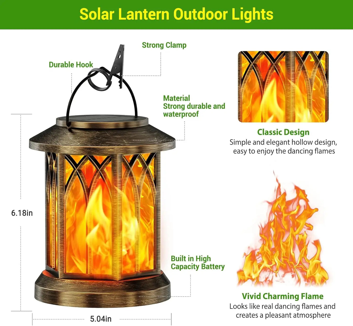 Waterproof Solar Flickering Flame Lantern For Outdoor Yard And Patio