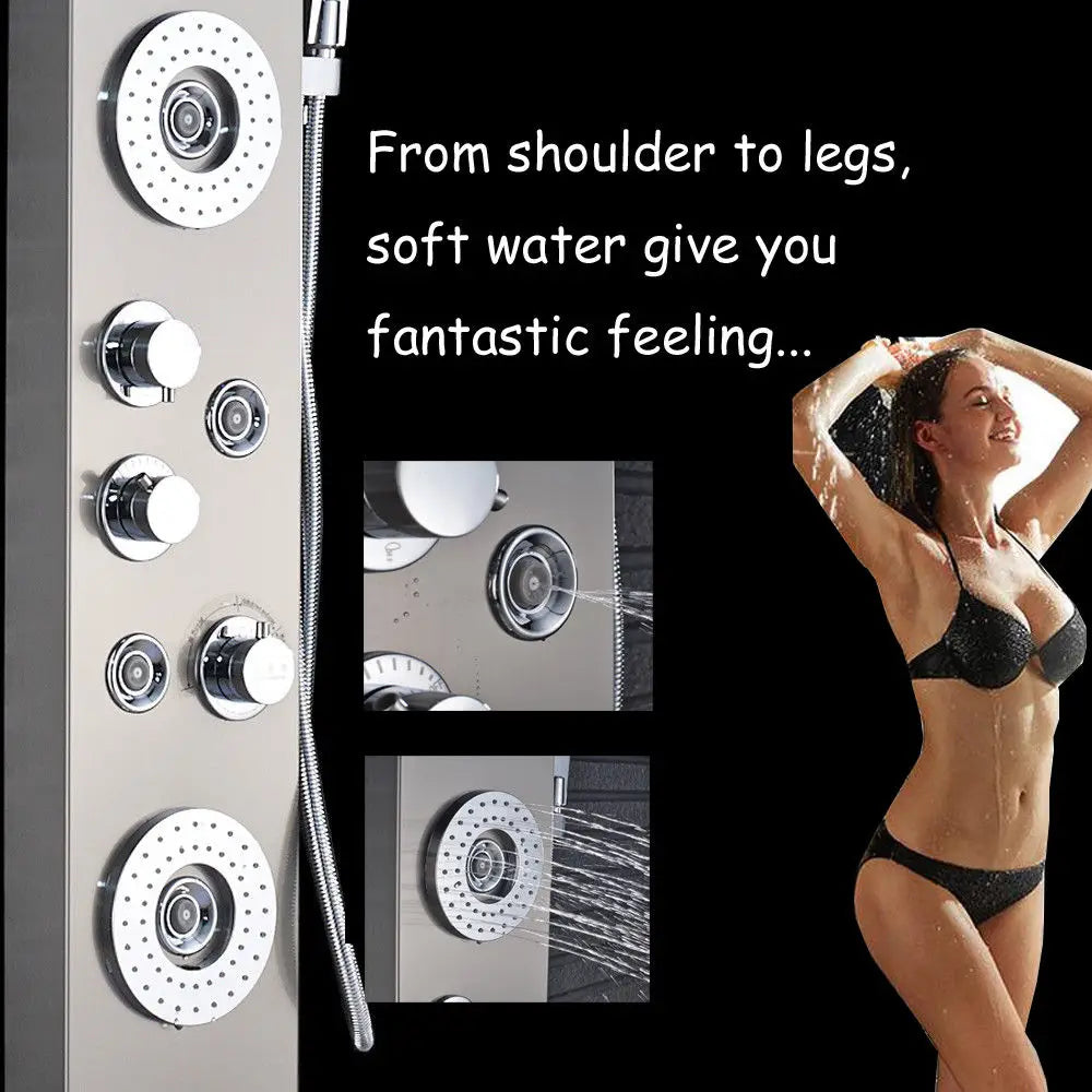 Luxury Black/Brushed Bathroom LED Shower Panel Tower System Wall Mounted Mixer Tap Hand Shower SPA Massage Temperature Screen