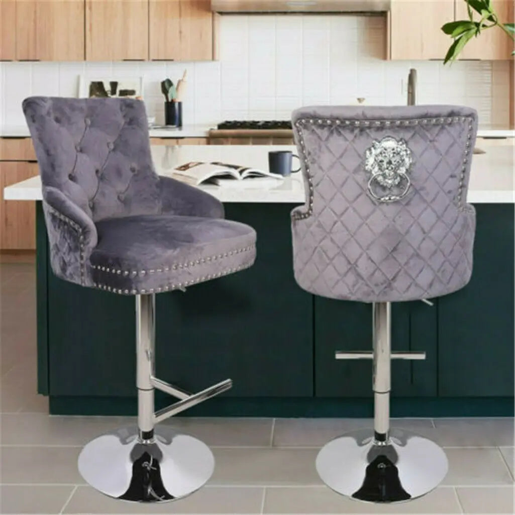 BINGOPAW Velvet Swivel Bar Stool With Lion Knocker High Back