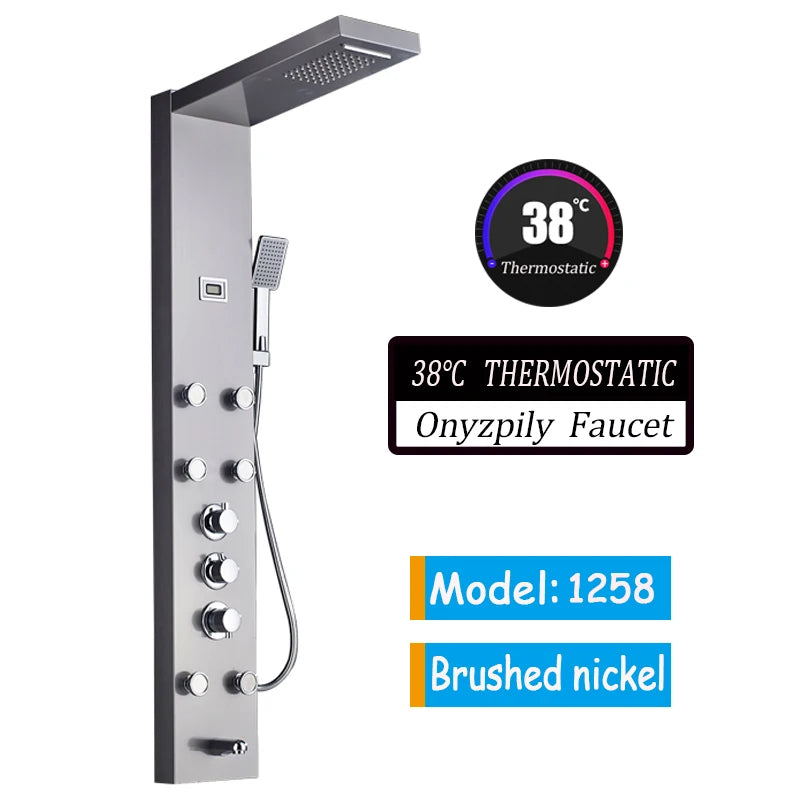 Luxury Black/Brushed Bathroom LED Shower Panel Tower System Wall Mounted Mixer Tap Hand Shower SPA Massage Temperature Screen