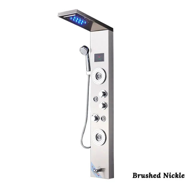 Luxury Black/Brushed Bathroom LED Shower Panel Tower System Wall Mounted Mixer Tap Hand Shower SPA Massage Temperature Screen