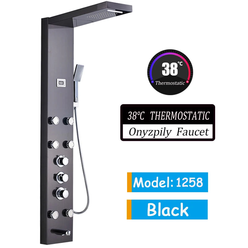 Luxury Black/Brushed Bathroom LED Shower Panel Tower System Wall Mounted Mixer Tap Hand Shower SPA Massage Temperature Screen