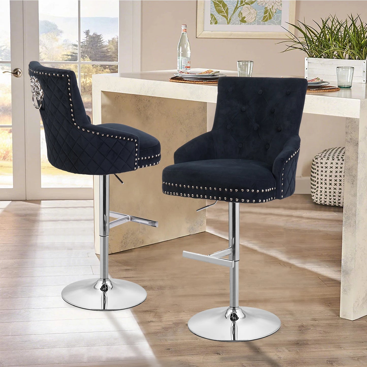 BINGOPAW Velvet Swivel Bar Stool With Lion Knocker High Back