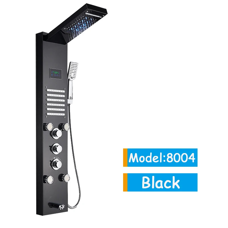Luxury Black/Brushed Bathroom LED Shower Panel Tower System Wall Mounted Mixer Tap Hand Shower SPA Massage Temperature Screen
