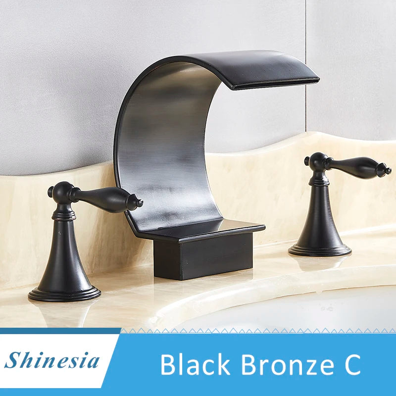 Shinesia Luxury Golden Bathroom Basin Faucet for Vessel Sink Crane Waterfall Hot and Cold Water Mixer Tap Dual Cristal Handle